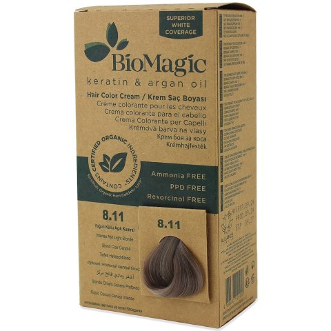 FARBA DO WŁOSÓW INTENSYWNY POPIELATY JASNY BLOND (8.11) 250 g - BIOMAGIC BIOMAGIC (farby do włosów) FARBA DO WŁOSÓW INTENSYWNY POPIELATY JASNY BLOND (8.11) 250 g - BIOMAGIC BIOMAGIC (farby do włosów)