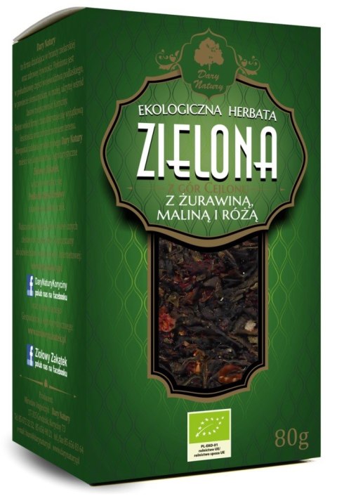 HERBATA ZIELONA Z ŻURAWINĄ, MALINĄ I RÓŻĄ LIŚCIASTA BIO 80 g - DARY NATURY DARY NATURY - herbatki HERBATA ZIELONA Z ŻURAWINĄ, MALINĄ I RÓŻĄ LIŚCIASTA BIO 80 g - DARY NATURY DARY NATURY - herbatki