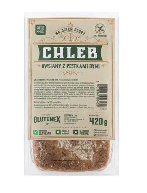 CHLEB OWSIANY Z PESTKAMI DYNI BEZGLUTENOWY 420 g - GLUTENEX GLUTENEX (chleby, ciastka, makarony) CHLEB OWSIANY Z PESTKAMI DYNI BEZGLUTENOWY 420 g - GLUTENEX GLUTENEX (chleby, ciastka, makarony)