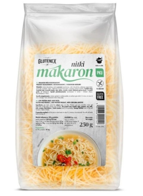 MAKARON NITKI NISKOBIAŁKOWY BEZGLUTENOWY 250 g - GLUTENEX GLUTENEX (chleby, ciastka, makarony) MAKARON NITKI NISKOBIAŁKOWY BEZGLUTENOWY 250 g - GLUTENEX GLUTENEX (chleby, ciastka, makarony)