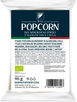 POPCORN Z ŻÓŁTEJ KUKURYDZY Z SHEA I SOLĄ DO PRZYGOTOWANIA W MIKROFALÓWCE BEZGLUTENOWY BIO 90 g - POPCROP POPCROP (niebieska kukurydza, chrupki proteinowe)