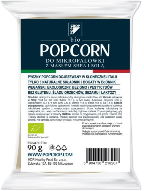 POPCORN Z ŻÓŁTEJ KUKURYDZY Z SHEA I SOLĄ DO PRZYGOTOWANIA W MIKROFALÓWCE BEZGLUTENOWY BIO 90 g - POPCROP POPCROP (niebieska kukurydza, chrupki proteinowe)