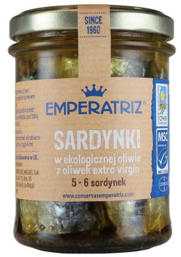 SARDYNKI EUROPEJSKIE W BIO OLIWIE Z OLIWEK EXTRA VIRGIN 190 g (133 g) (SŁOIK) - EMPERATRIZ EMPERATRIZ (tuńczyki, sardynki, makrele)
