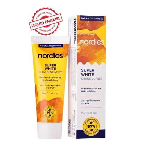 PASTA DO ZĘBÓW REMINERALIZUJĄCA SUPER WHITE Z PŁYNNYM SZKLIWEM BEZ FLUORU 75 ml - NORDICS NORDICS (pasty do zębów, szczoteczki)