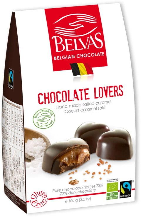 CZEKOLADKI BELGIJSKIE SERCA Z KARMELEM I SOLĄ MORSKĄ FAIR TRADE BEZGLUTENOWE BIO 100 g - BELVAS BELVAS (belgijskie czekoladki)
