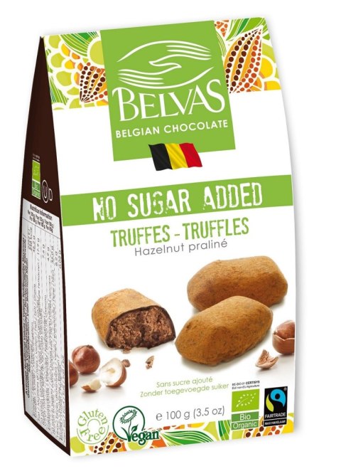 CZEKOLADKI BELGIJSKIE TRUFLE Z ORZECHAMI LASKOWYMI BEZ DODATKU CUKRÓW FAIR TRADE BEZGLUTENOWE BIO 100 g - BELVAS BELVAS (belgijskie czekoladki)