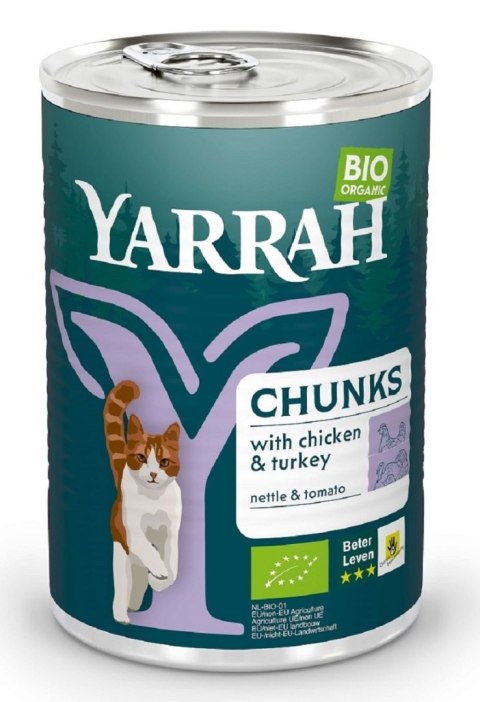 (DLA KOTA DOROSŁEGO) KAWAŁKI KURCZAKA I INDYKA Z POMIDOREM I POKRZYWĄ BIO 405 g - YARRAH YARRAH (karma dla kotów i psów)