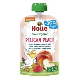 MUS BRZOSKWINIOWY PELIKAN (BRZOSKWINIA - TRUSKAWKA - JABŁKO - OWIES) BEZ DODATKU CUKRÓW BEZGLUTENOWY OD 6 MIESIĄCA DEMETER BIO 1 HOLLE (żywność dla niemowląt)