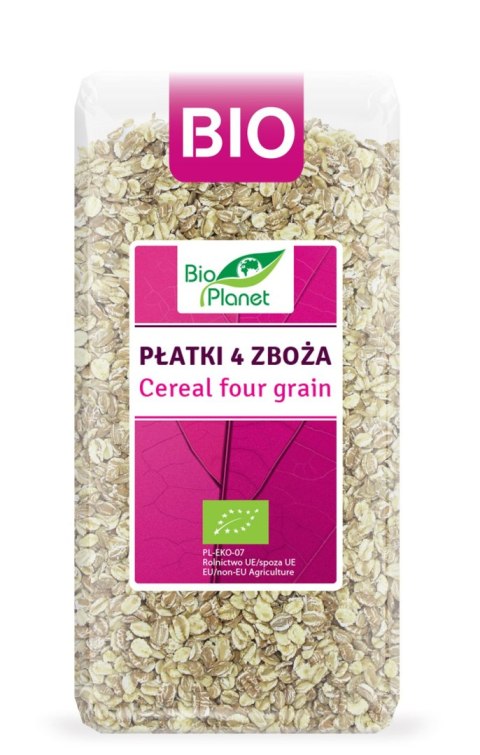 PŁATKI 4 ZBOŻA (ORKISZ, OWIES, JĘCZMIEŃ, ŻYTO) BIO 300 g - BIO PLANET BIO PLANET - seria RÓŻOWA (płatki, otręby, musli)