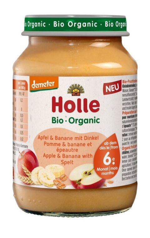 JABŁKO - BANAN Z ORKISZEM BEZ DODATKU CUKRÓW OD 6 MIESIĄCA DEMETER BIO 190 g (SŁOIK) - HOLLE HOLLE (żywność dla niemowląt)