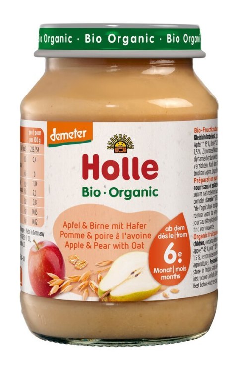 JABŁKO - GRUSZKA Z OWSEM BEZ DODATKU CUKRÓW OD 6 MIESIĄCA DEMETER BIO 190 g (SŁOIK) - HOLLE HOLLE (żywność dla niemowląt)