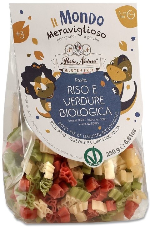 MAKARON (RYŻOWY TRÓJKOLOROWY) DLA DZIECI DINOZAURY BEZGLUTENOWY BIO 250 g - PASTA NATURA PASTA NATURA (makarony bezglutenowe)