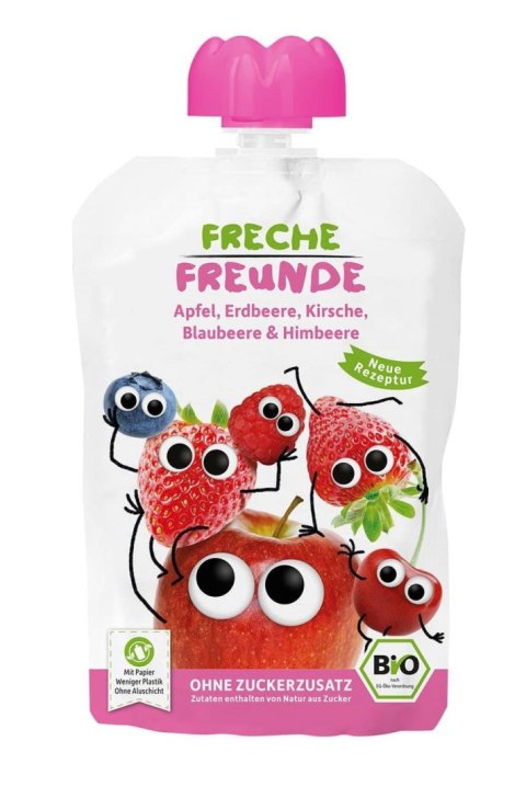 MUS JABŁKO - TRUSKAWKA - JAGODA - MALINA BEZ DODATKU CUKRÓW BEZGLUTENOWY OD 6 MIESIĄCA BIO 100 g - FRECHE FREUNDE FRECHE FREUNDE (musy owocowe, przekąski)