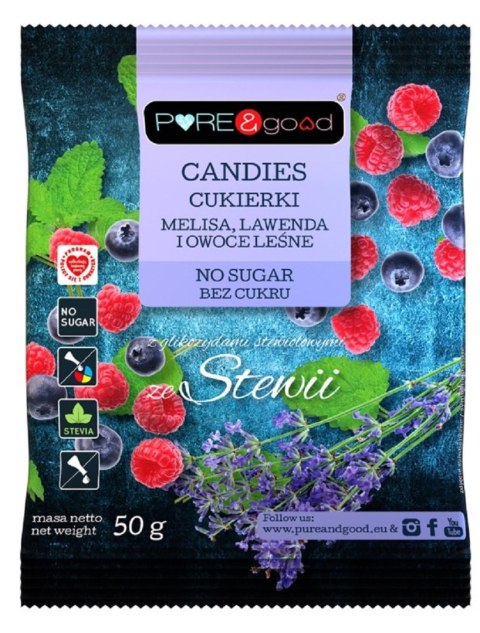 CUKIERKI Z MELISĄ, LAWENDĄ I OWOCAMI LEŚNYMI ZE STEWIĄ BEZ CUKRU 50 g - PURE&GOOD PURE&GOOD (czekolady, ciastka, przetwory)
