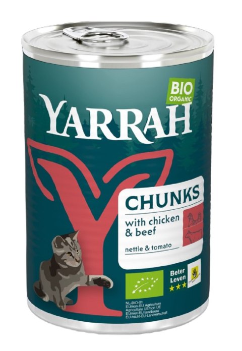 (DLA KOTA DOROSŁEGO) KAWAŁKI KURCZAKA I WOŁOWINY Z POMIDOREM I POKRZYWĄ BIO 405 g - YARRAH YARRAH (karma dla kotów i psów)
