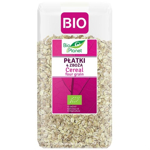 PŁATKI 4 ZBOŻA (ORKISZ, OWIES, JĘCZMIEŃ, ŻYTO) BIO 600 g - BIO PLANET BIO PLANET - seria RÓŻOWA (płatki, otręby, musli)