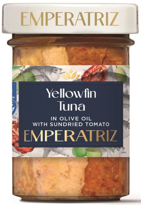 TUŃCZYK ŻÓŁTOPŁETWY FILETY MSC W OLIWIE Z OLIWEK Z SUSZONYMI POMIDORAMI 180 g (120 g) (SŁOIK) - EMPERATRIZ EMPERATRIZ (tuńczyki, sardynki, makrele)