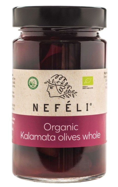 OLIWKI CZARNE KALAMATA Z PESTKĄ W ZALEWIE BIO 300 g (170 g) - NEFELI NEFELI (greckie oliwki i oliwy)