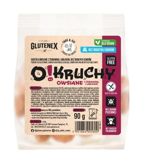 CIASTKA OWSIANE Z ŻURAWINĄ I JABŁKIEM BEZ DODATKU CUKRÓW BEZGLUTENOWE O!KRUCHY 90 g - GLUTENEX GLUTENEX (chleby, ciastka, makarony)