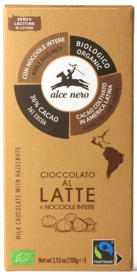CZEKOLADA MLECZNA Z CAŁYMI ORZECHAMI LASKOWYMI FAIR TRADE BIO 100 g - ALCE NERO ALCE NERO (włoskie produkty)