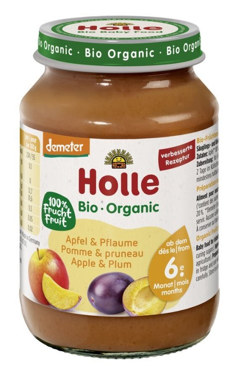JABŁKO - ŚLIWKA BEZ DODATKU CUKRÓW BEZGLUTENOWE OD 6 MIESIĄCA DEMETER BIO 190 g (SŁOIK) - HOLLE HOLLE (żywność dla niemowląt)