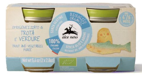 MIĘSO PSTRĄGA Z WARZYWAMI BEZGLUTENOWE OD 4 MIESIĄCA BIO (2 x 80 g) 160 g - ALCE NERO ALCE NERO (włoskie produkty)