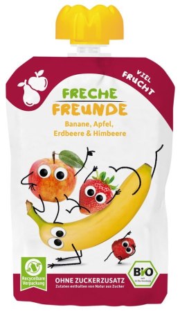 MUS BANAN - JABŁKO - TRUSKAWKA - MALINA BEZ DODATKU CUKRÓW BEZGLUTENOWY OD 6 MIESIĄCA BIO 100 g - FRECHE FREUNDE FRECHE FREUNDE (musy owocowe, przekąski)