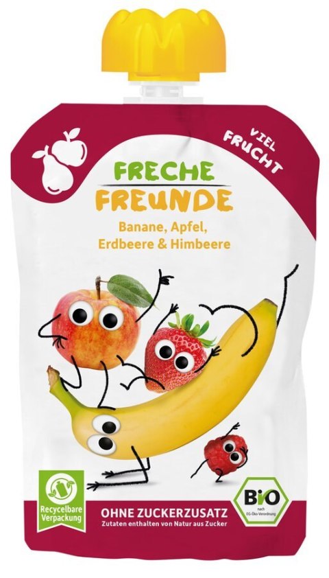 MUS BANAN - JABŁKO - TRUSKAWKA - MALINA BEZ DODATKU CUKRÓW BEZGLUTENOWY OD 6 MIESIĄCA BIO 100 g - FRECHE FREUNDE FRECHE FREUNDE (musy owocowe, przekąski)