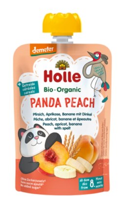 MUS BRZOSKWINIOWA PANDA (BRZOSKWINIA - BANAN - MORELA - ORKISZ) BEZ DODATKU CUKRÓW OD 8 MIESIĄCA DEMETER BIO 100 g - HOLLE HOLLE (żywność dla niemowląt)