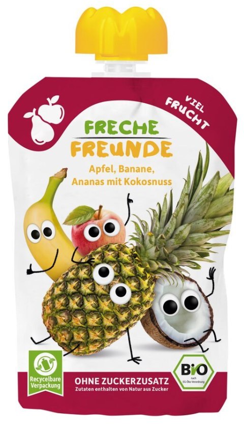 MUS JABŁKO - BANAN - ANANAS - KOKOS BEZ DODATKU CUKRÓW BEZGLUTENOWY OD 6 MIESIĄCA BIO 100 g - FRECHE FREUNDE FRECHE FREUNDE (musy owocowe, przekąski)