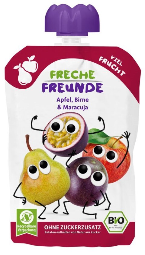 MUS JABŁKO - GRUSZKA - MARAKUJA BEZ DODATKU CUKRÓW BEZGLUTENOWY OD 6 MIESIĄCA BIO 100 g - FRECHE FREUNDE FRECHE FREUNDE (musy owocowe, przekąski)