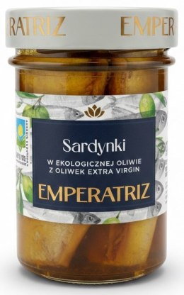 SARDYNKI EUROPEJSKIE W BIO OLIWIE Z OLIWEK EXTRA VIRGIN 180 g (126 g) (SŁOIK) - EMPERATRIZ EMPERATRIZ (tuńczyki, sardynki, makrele)