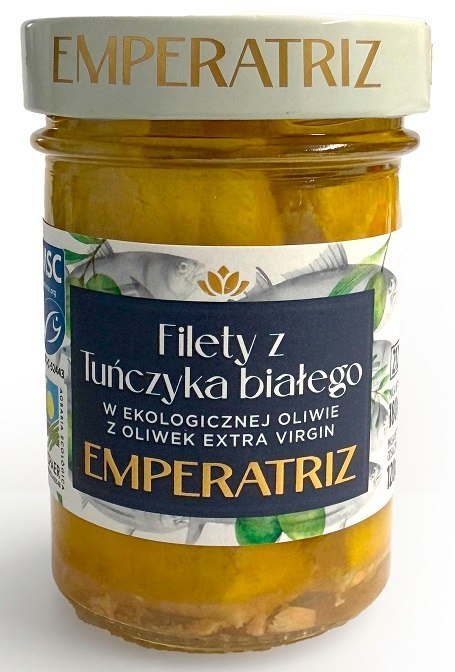 TUŃCZYK BIAŁY FILETY MSC W BIO OLIWIE Z OLIWEK EXTRA VIRGIN 180 g (120 g) (SŁOIK) - EMPERATRIZ EMPERATRIZ (tuńczyki, sardynki, makrele)
